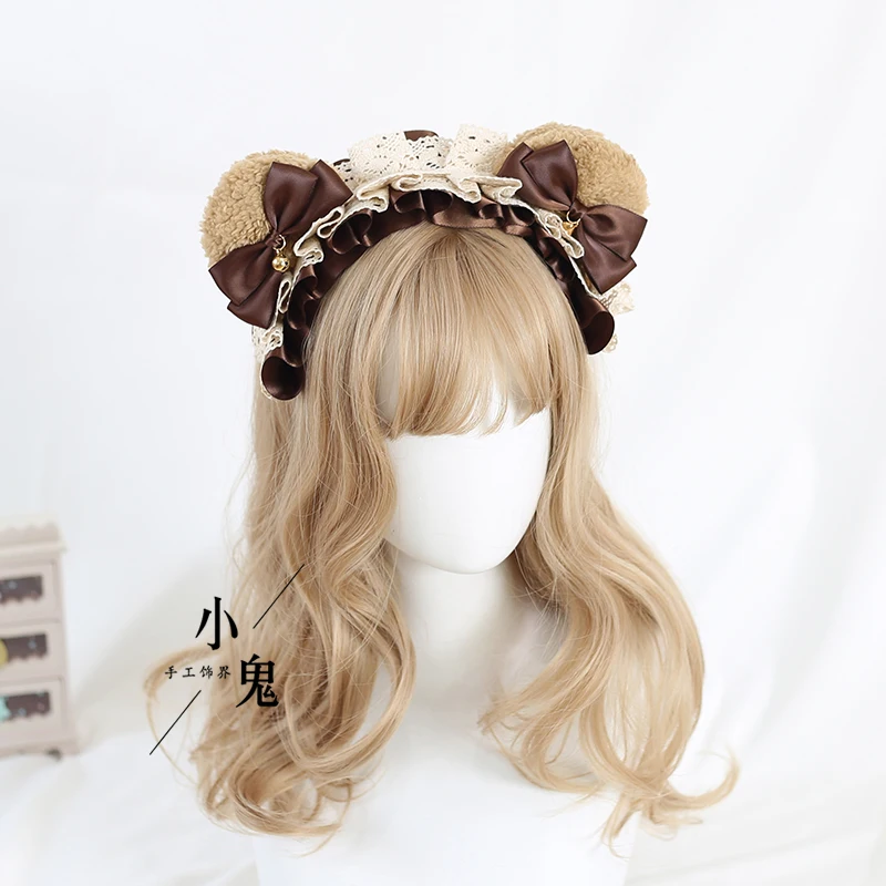 

Japanese Bow Lolita Bear Ear Headband Hair Accessories Elements Coffee Color Cute Girl Lace Lolita KC