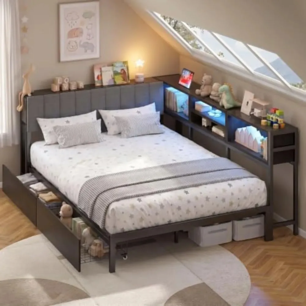 Full Corner Bed Frame with Storage and RGB LED Lights, Grey | Upholstered Full Bed Frame with 2 Drawers and Charging