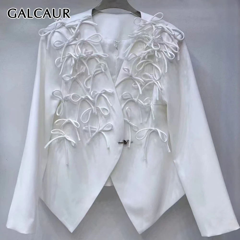 

GALCAUR однотонная куртка с бантиками, женская куртка с v-образным вырезом и длинным рукавом, свободный дизайн, темпераментные женские куртки, осенний стиль, модная новинка