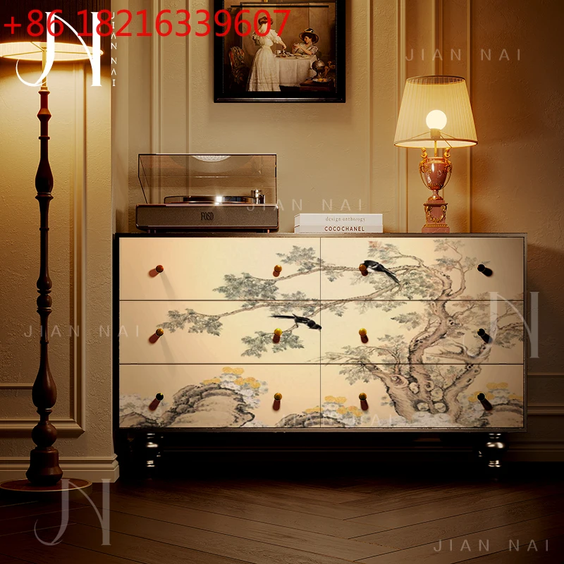 

French Chinese style six-drawer cabinet bird on the branch picture living room sofa side drawer five-drawer storage
