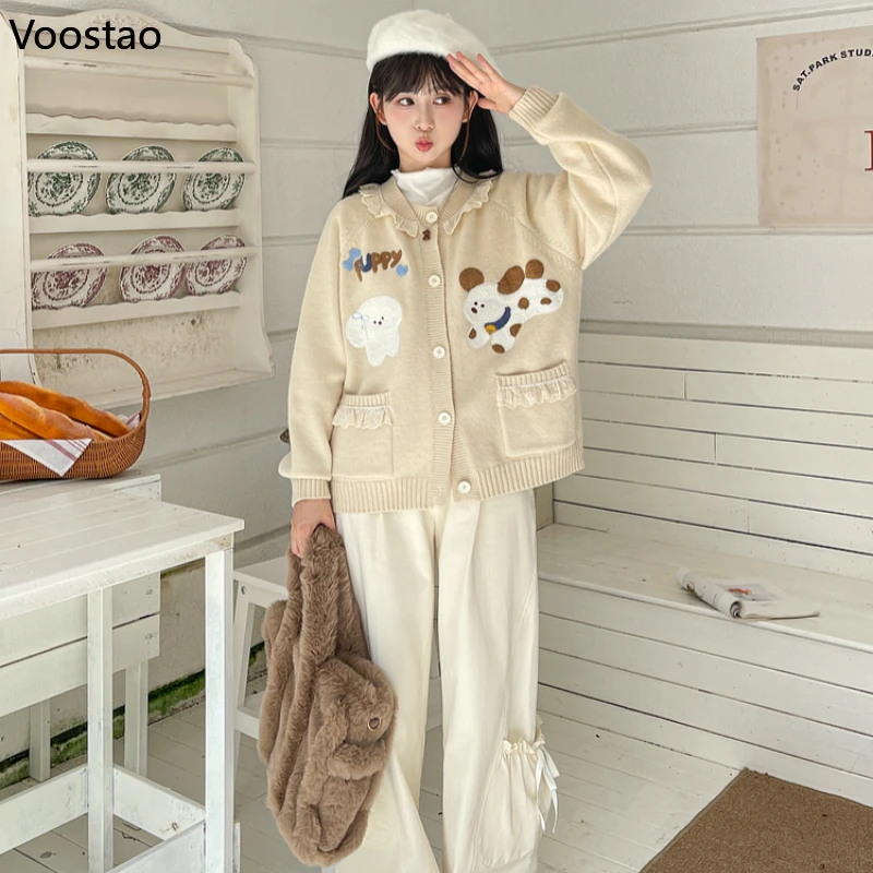 Cardigan de malha estilo doce Lolita feminino, suéter solto, babados, filhote de cachorro dos desenhos animados, jaqueta bordada, tops femininos de malha Y2K, outono