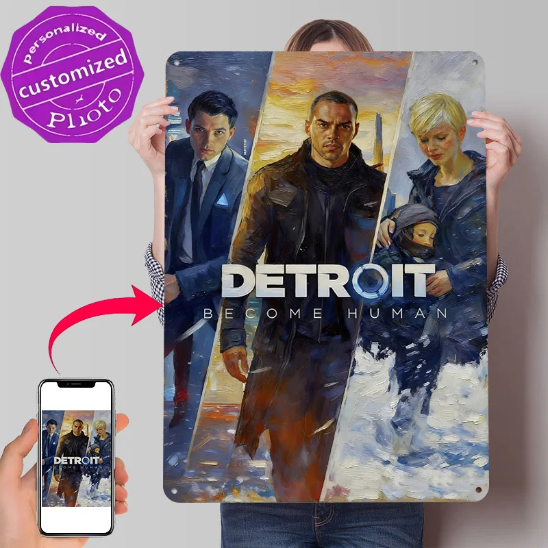 Detroit: Become Human Game Art 3D Texture Metal Poster Customized Wall Art Tin Sign Gift for Mancave Home Decor Living Room Desk