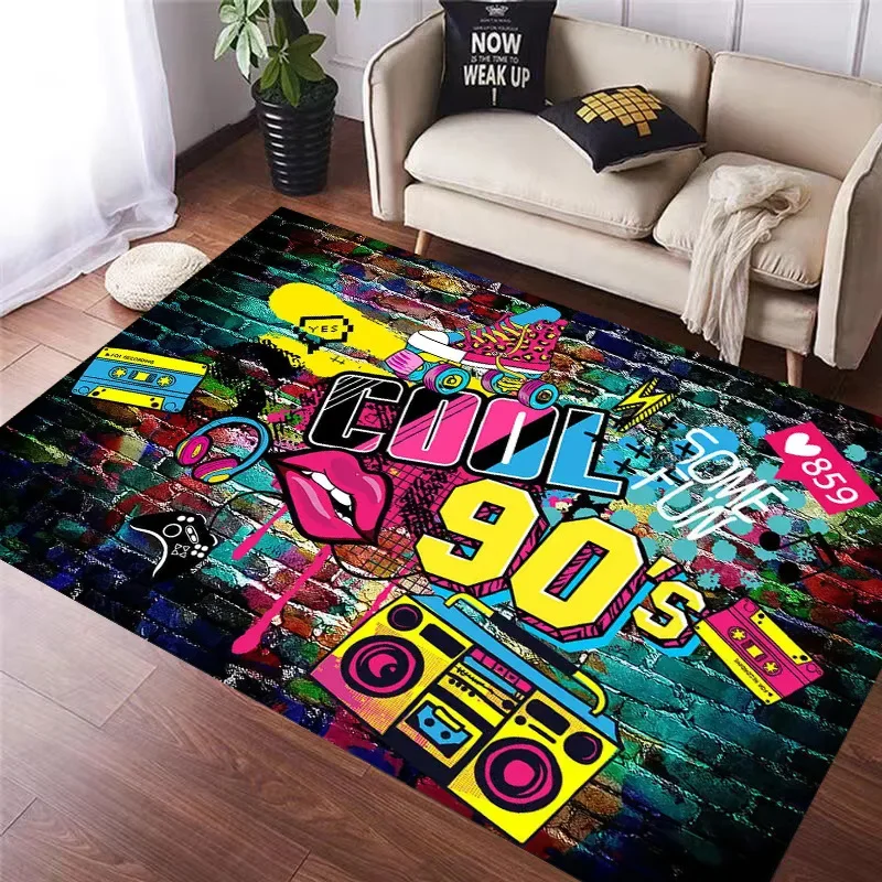 Colorful Hip Hop Graffiti Carpet Mat 90's Retro Street Music Rug for Living Room Studio Trendy Home Decoration Vintage Carpet