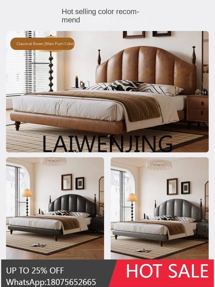 Retro Leather Bed Antique Style Oil Wax Light Luxury Master Bedroom First Layer Cowhide Double Storage Leather Bed