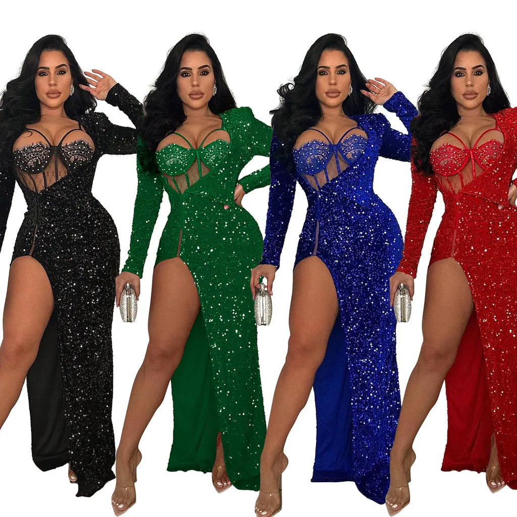 

Fashion Women Elegant Long Sleeves Sequins Split Maxi Long Dress Party Gowns