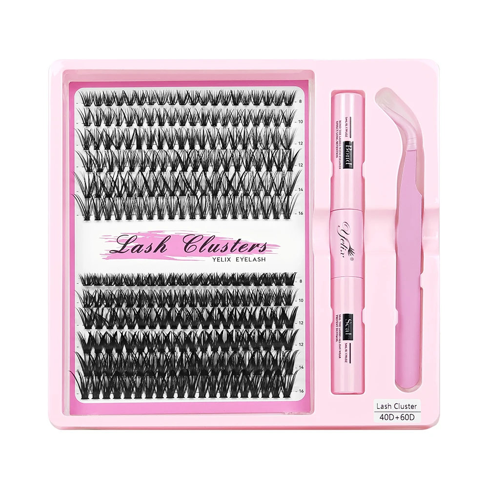 Yelix DIY Eyelash Extension Kit Fluffy Individual Lashes Includes Eyelash Tweezers Lash Bond and Seal Natural Volume Lashes