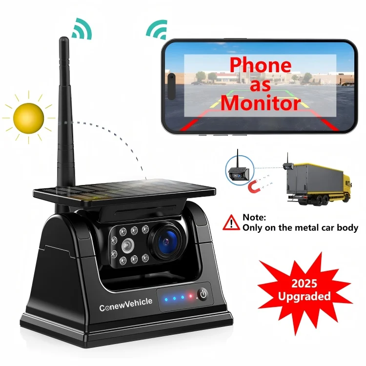 

WIFI-enabled solar rechargeable 1080P reversing camera, suitable for RVs, trucks, buses, campers with easy magnetic installation