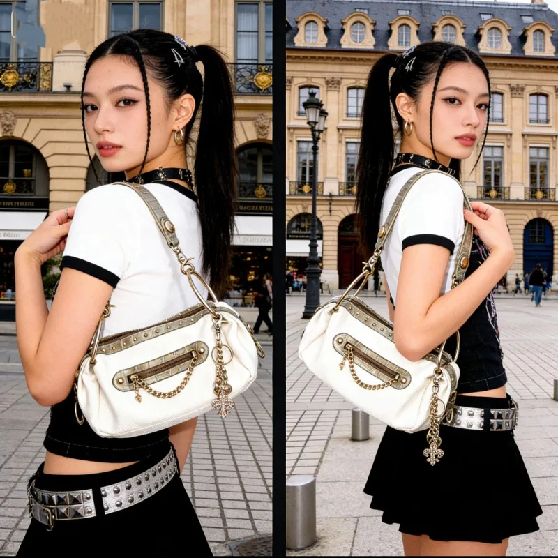 Metal Chain Decoration Women's Denim Canvas Handbag Zippered Stylish Underarm Bag Riveted Motorcycle Bag Retro Y2k Shoulder Bag