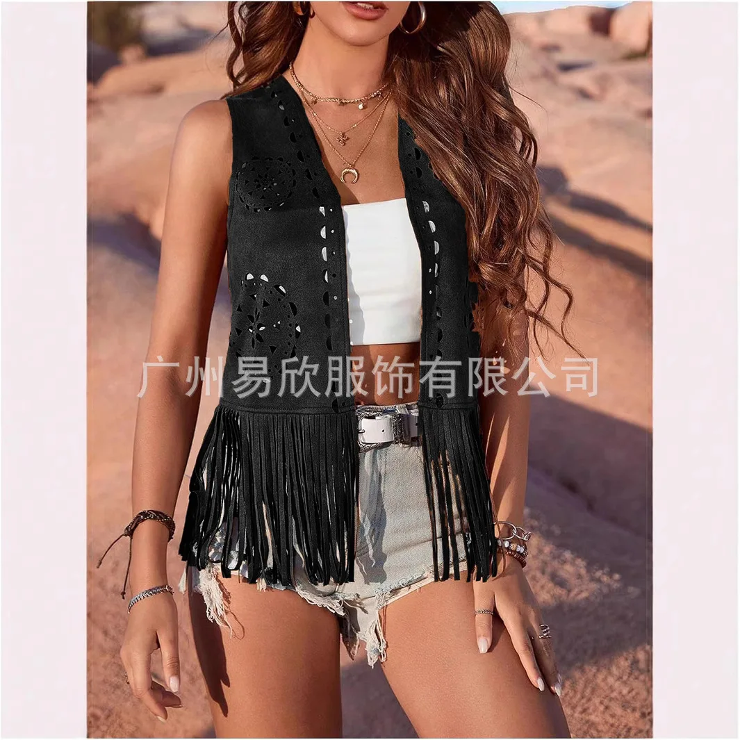 Women's Fringe Vest, Casual Open Front Sleeveless Hippie Jacket, Boho Tassel Waistcoat for Amazon AliExpress