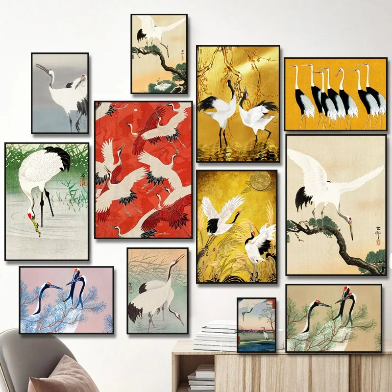 Vintage Japanese Style Yellow Crane Flying Birds Flower Sun Art Posters Canvas Painting Wall Prints Pictures Room Home Decor