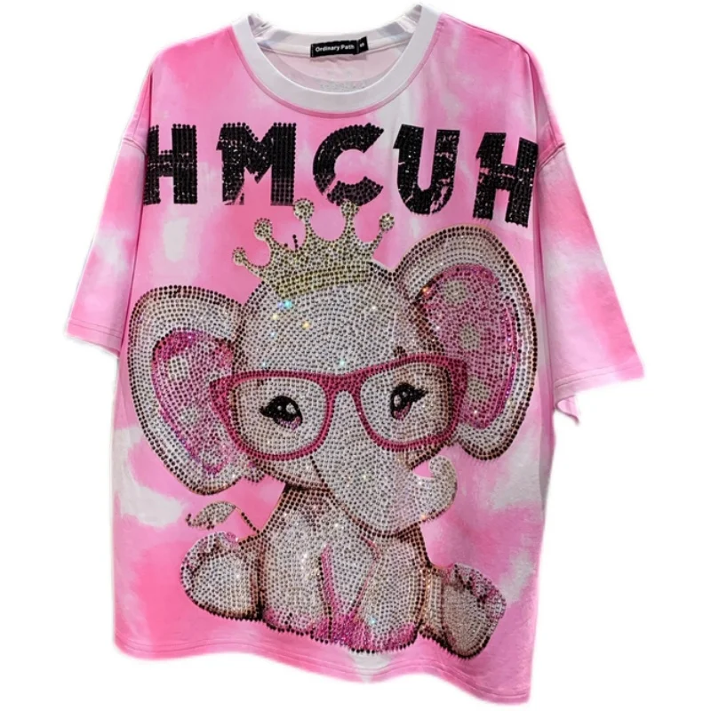 2022 New Summer Women Oversized Tops Trendy Cute Pink Age Reduction Short Sleeve T-shirt Elephant Hot Drill Tie-dye Loose Tees