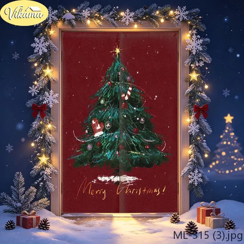 VIKAMA Christmas Door Curtain Burgundy Christmas Tree Gloves Candy Cane Door Hanging Kitchen Bedroom Home Holiday Xmas Decor