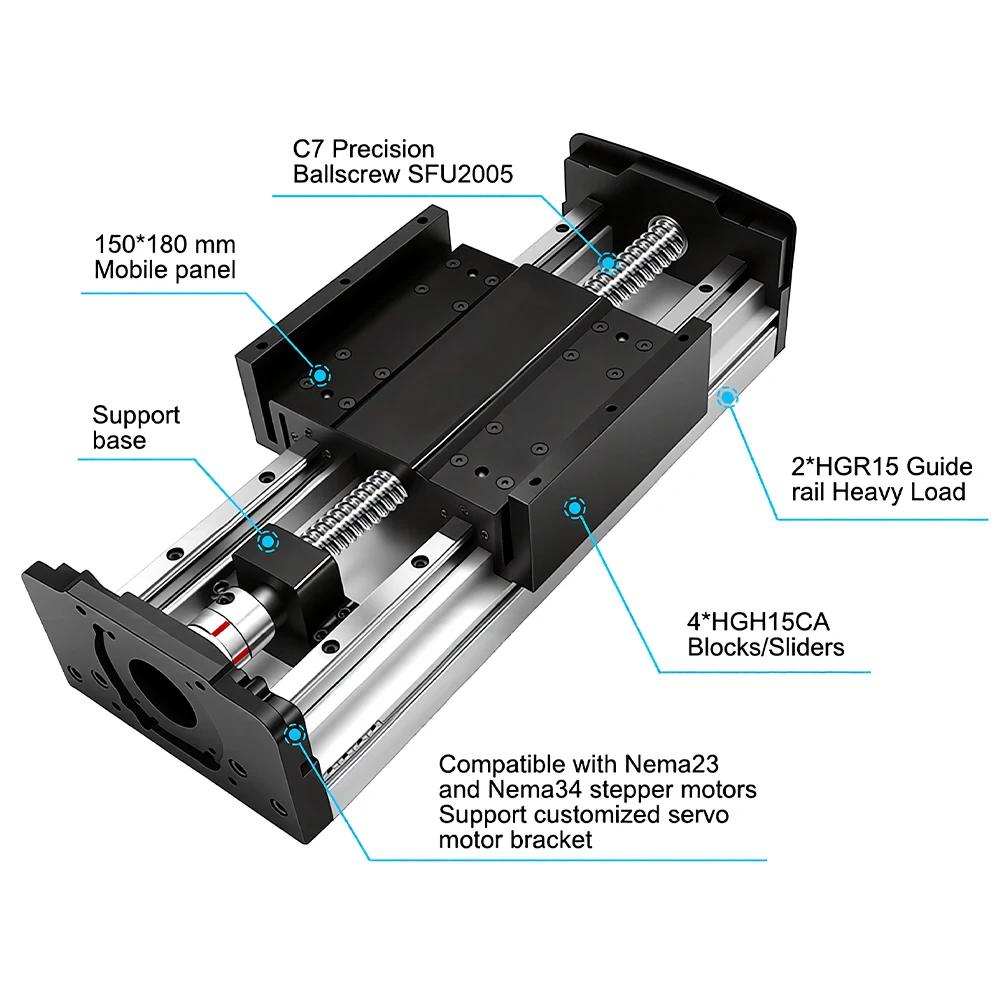 150KG Load Heavy Duty Linear Guide Stage 150mm Wide CNC Fully Enclosed Linear Module Ball Screw Sliding Table 4*HGH15CA