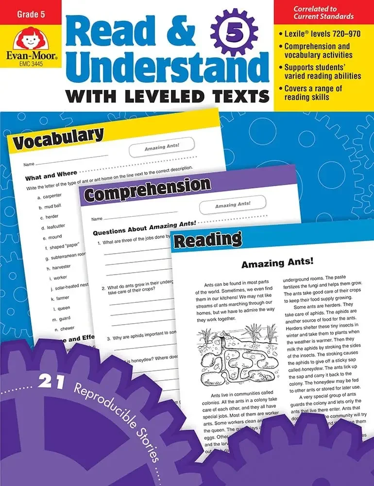 Evan-Moor Read & Understand with Leveled Texts, Grade 5 Workbook,aged 9 10 11 12, English book 9781608236749