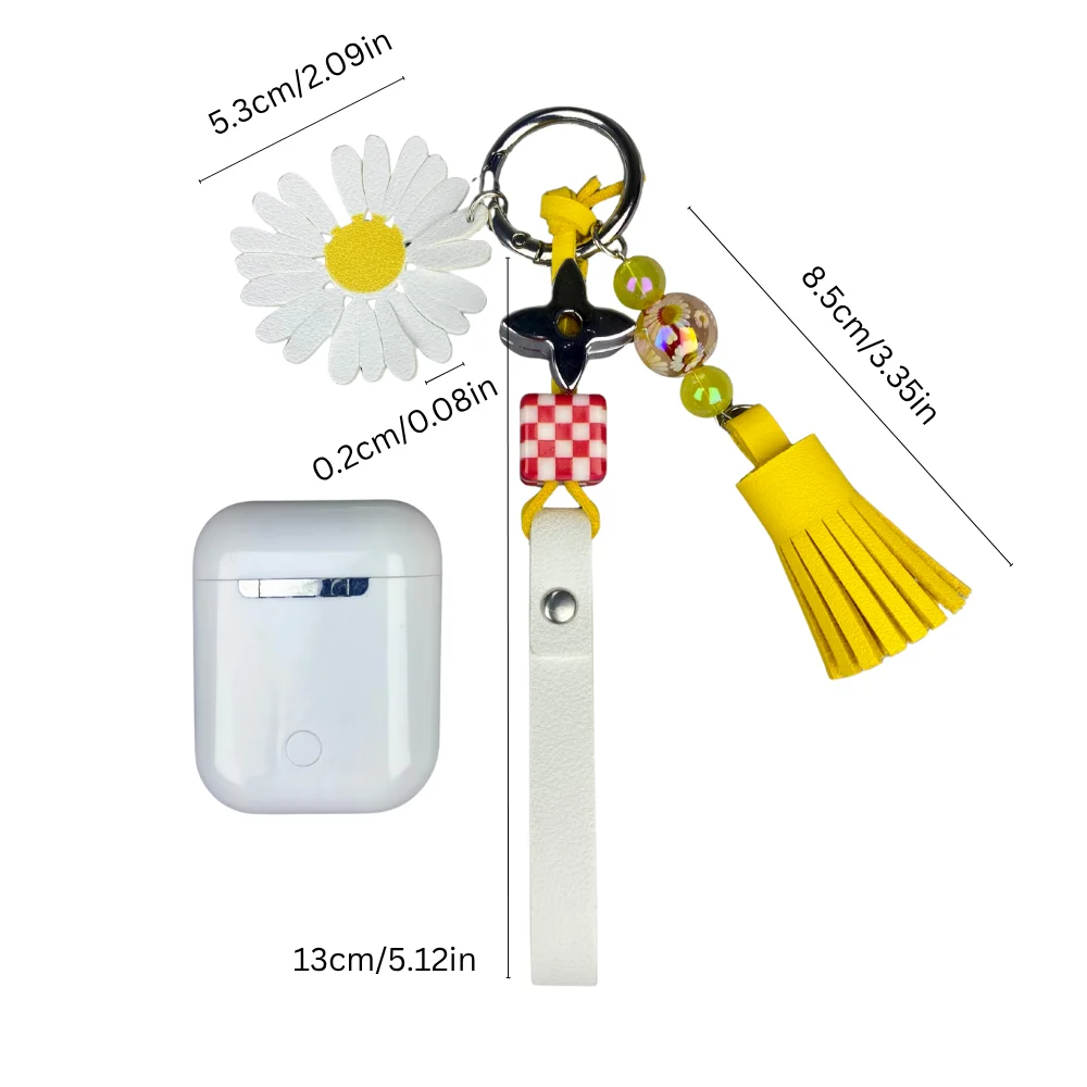 سلسلة مفاتيح ديزي جلدية مع سحر البرسيم الفضي وشرابة، إكسسوار حقيبة زهور أنيقة للمفاتيح والمحفظة والهدايا من جلد البولي يوريثان