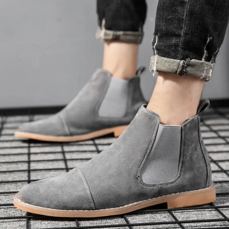 Men Chelsea Boots Suede Leather Ankle Boots British Style Pointed Toe High Top Slip on Casual Shoes for Autumn Winter MSH071