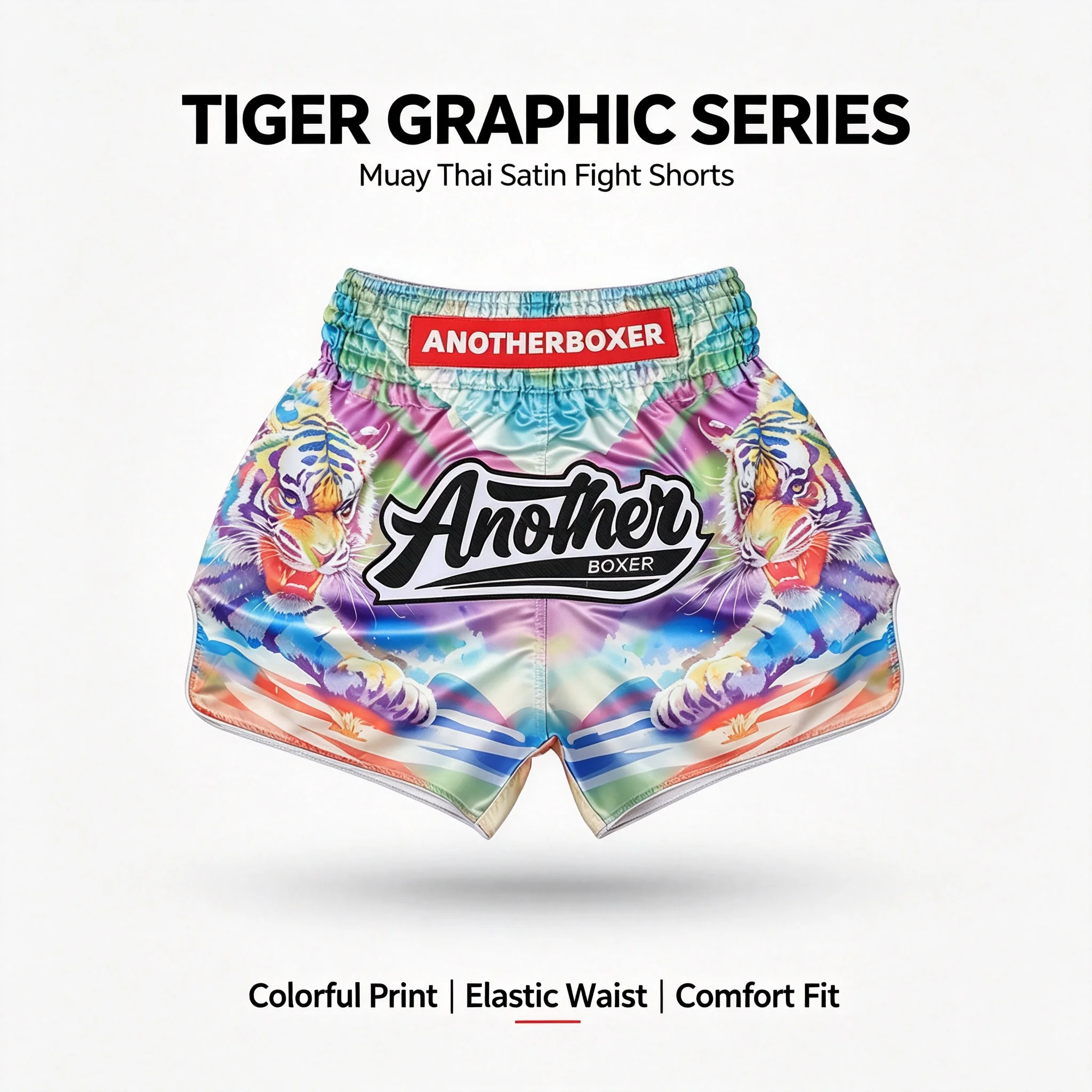 Mens Women's Muay Thai Boxing Shorts Colorful Graffiti Tiger Printed Elastic Waist Shorts for MMA Kickboxing Gym Combat Training