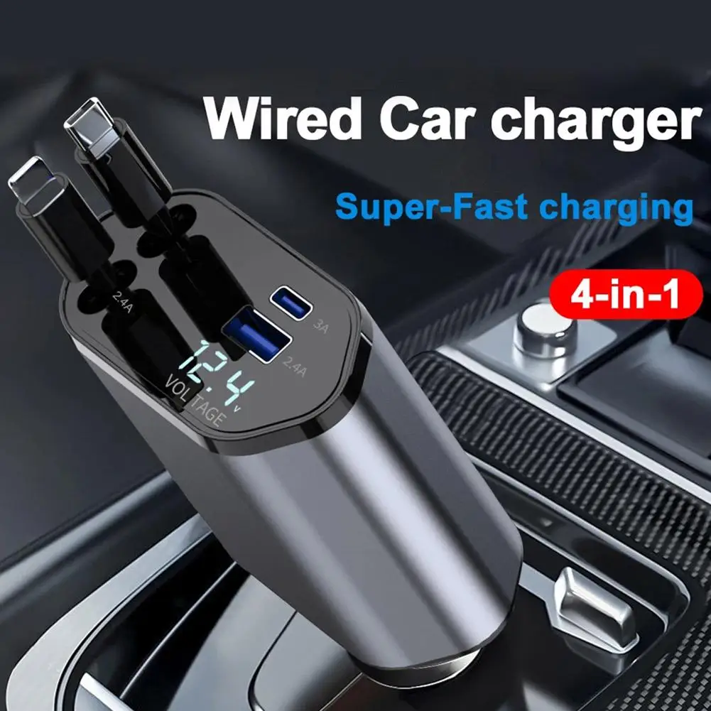 120W 4 IN 1 Retractable Car Charger USB Type C Cable For IPhone Samsung Fast Charge Cord Cigarette Lighter Adapter