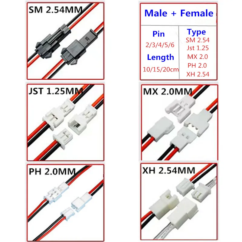 JST 1.25 Male Female Wire Connector PH2.0/MX2.0/SM2.54/XH2.54 Pitch 1.25/2.0/2.54mm 2P 3P 4P 5P 6P JST Plug Jack Terminal Cable