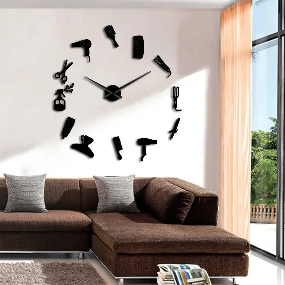 Toolkit Barber Shop Giant Wall Clock with Mirror Effect Barber Decorative Frameless Wall Watch Hairdresser Barber Wall Art