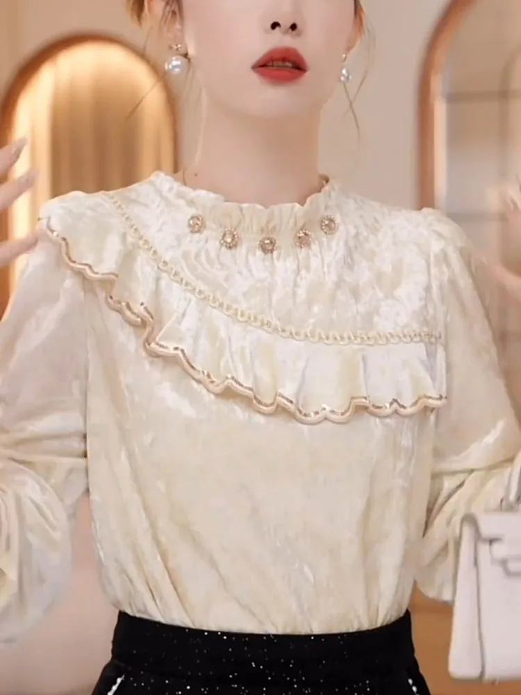 

Женский топ в стиле ретро Ladylike Sle с вышитым бархатным подолом Lotus Le, осень-зима, Новое поступление, внутренняя одежда, повседневный шик