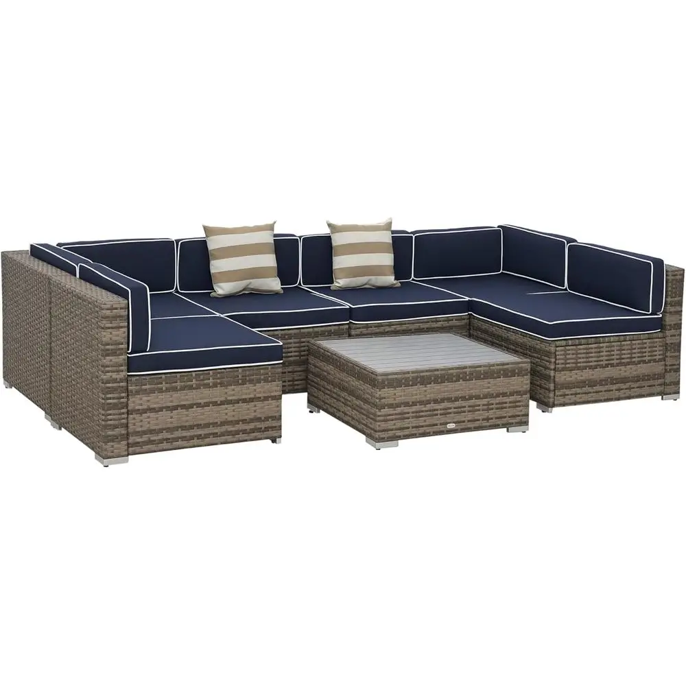 

7-Piece Outdoor Wicker Sectional Sofa Set with Weather-Resistant PE Rattan, Cushions, Wooden Coffee Table, Striped Pillows in Bl