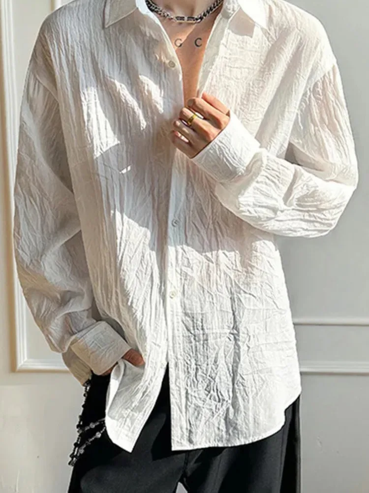 2026 Spring New Lightweight Long Sleeve Men Shirt Wrinkle Texture Sun Protection Shirts Lapel Single-breasted Tops SCD45