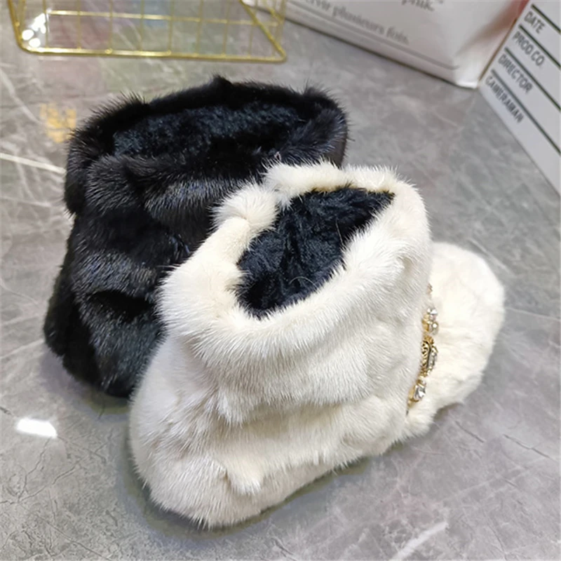 Crystal Decor Winter Warm Furry Botines Mujer stivali da neve in pelliccia di visone di lusso suola spessa scarpe con plateau Skidproof Walking Flats