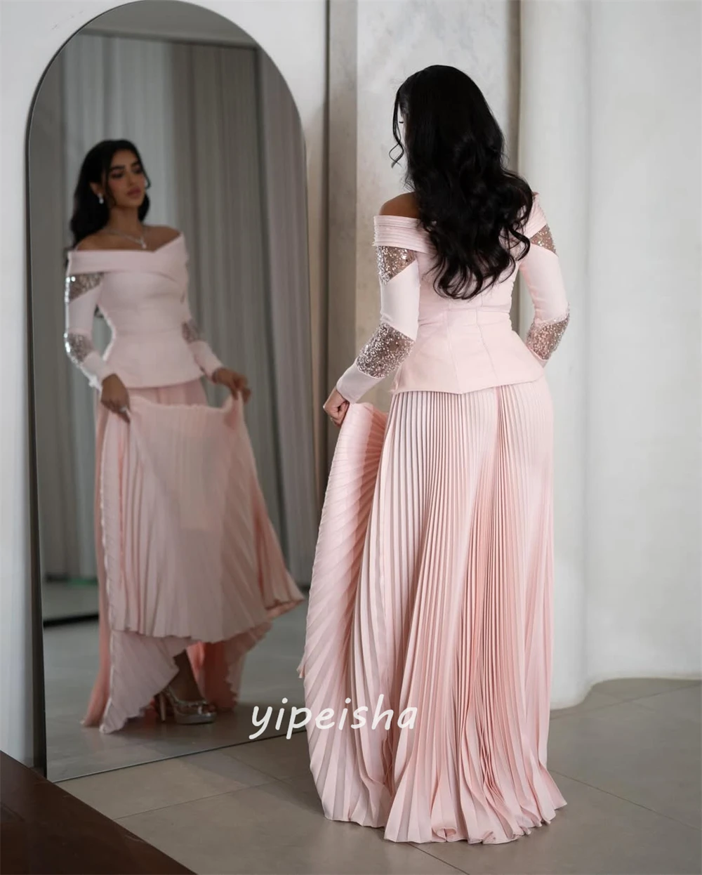 تخصيص الطراز الحديث أزياء جيرسي مطرزة Ruched ألف خط خارج على الكتف فساتين طويلة فساتين السهرة الأحجام المتاحة مثير #4