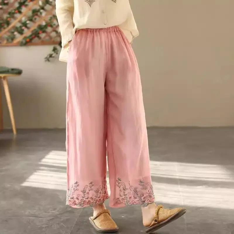 

New Chinese-style Ramie Casual Pants for Women in Summer New Loose High-waist Embroidered Versatile Double-layer Wide-leg Pants