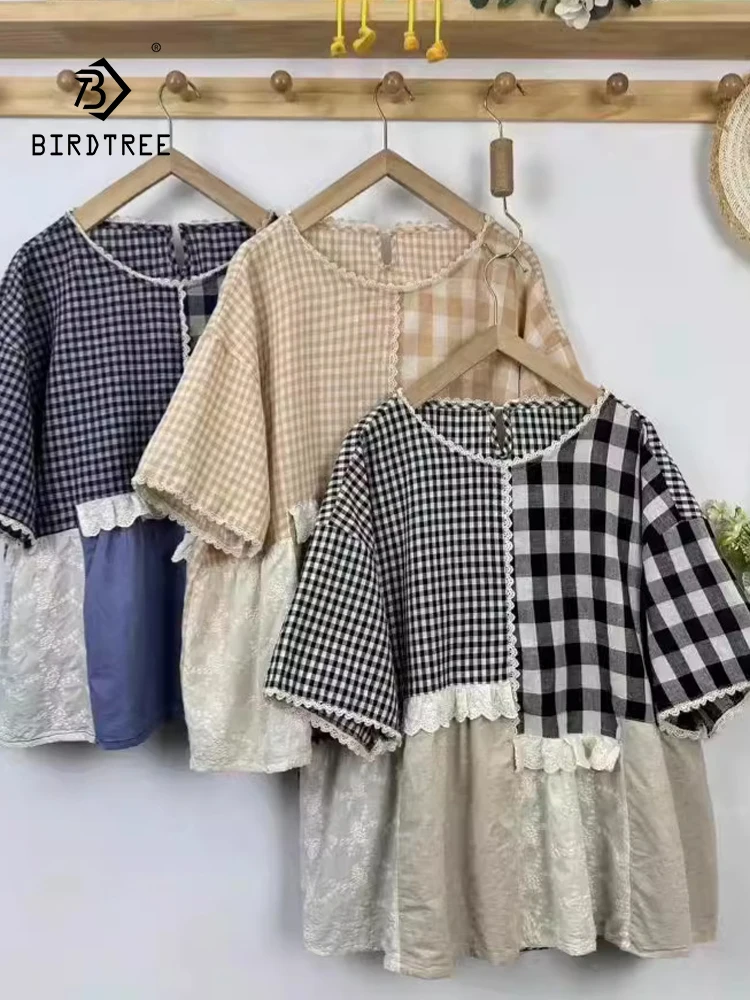 New Summer Cotton Linen Short Sleeve Shirt O Neck Lace Splicing Tops Mori Girl Casual Loose Sweet Blouse 2024 Autumn T46757QC