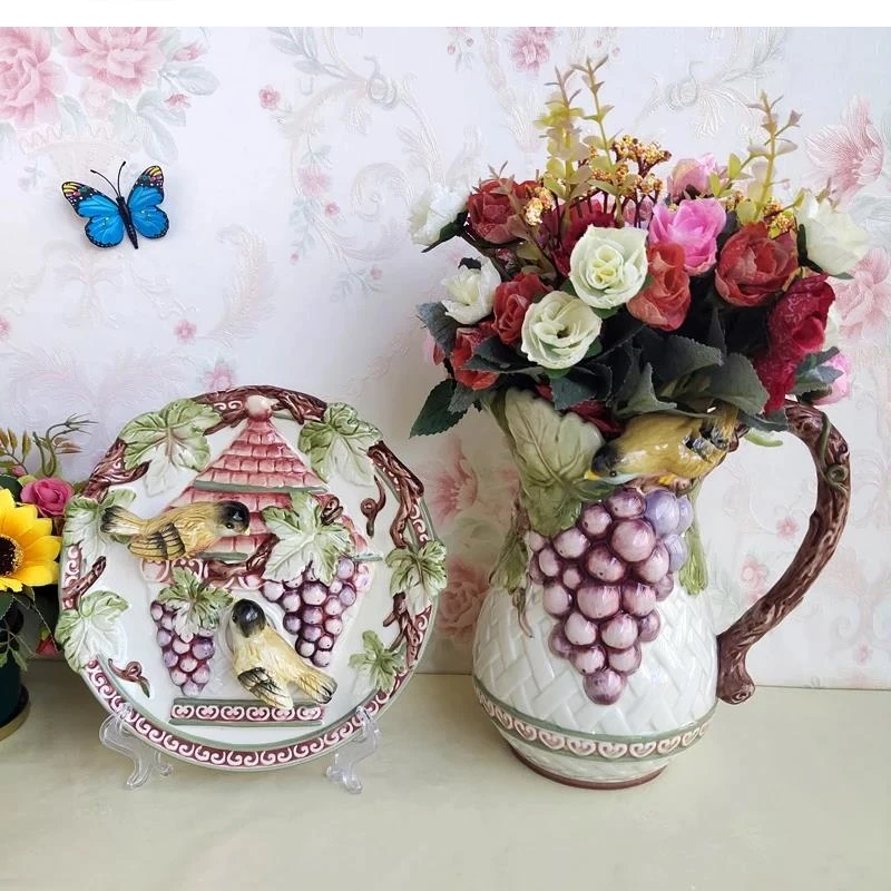 European pastoral style bird grape ceramic vase 3d decorative plate Dried flowers flower decoration living room home