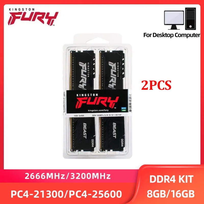 Kingston Fury Beast DDR4 16GB(2x8GB) 32GB(2x16GB) Kit 2666MHz 3200MHz DIMM 288Pin PC4-21300 25600 for Desktop Memory Ram DDR4