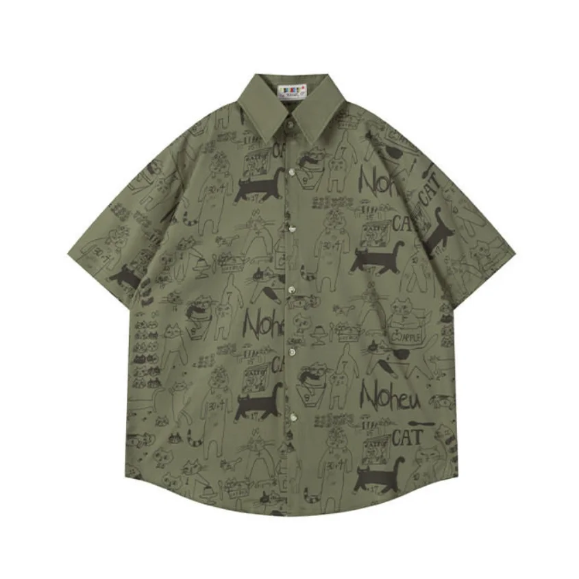 Men's Cat Print Short Sleeve Shirt Summer Cartoon Casual Hawaiian Beach Vacation Blouse Color Block Single-breasted Camp Shirt