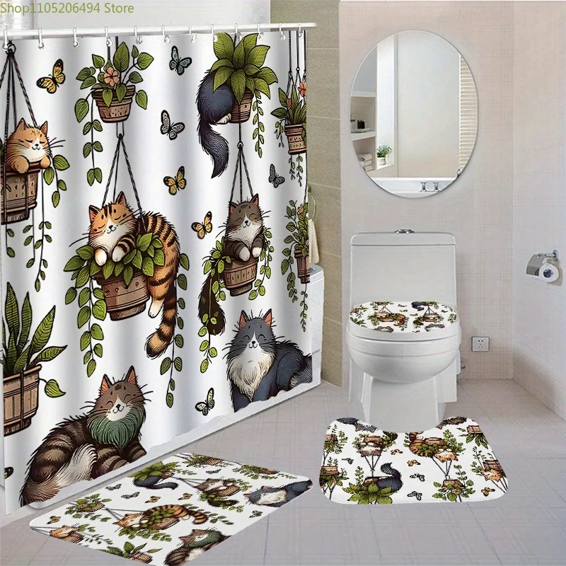 

1pc/4pcs Whimsical Cat and Floral Shower Curtain Set with 12 Hooks, Non-Slip Toilet Seat Covers, Bath Mats & Rugs - Washable P