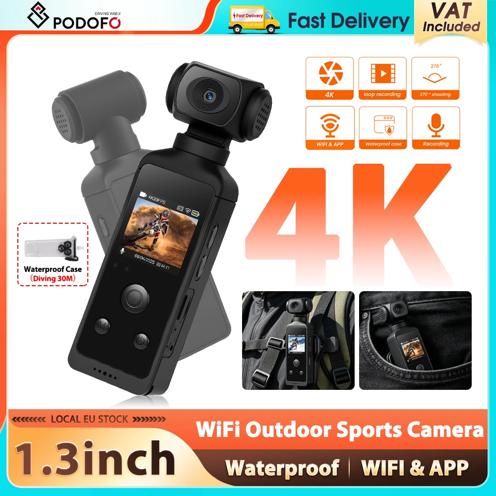 Podofo 1,3-Zoll-LCD-Bildschirm 4K HD-Kamera Outdoor-Reitkamera Praktische Sportkamera WIFI Wasserdicht 30fps 270° °   90-Grad-Drehung °   Tragbare Action-Kamera mit Weitwinkelansicht