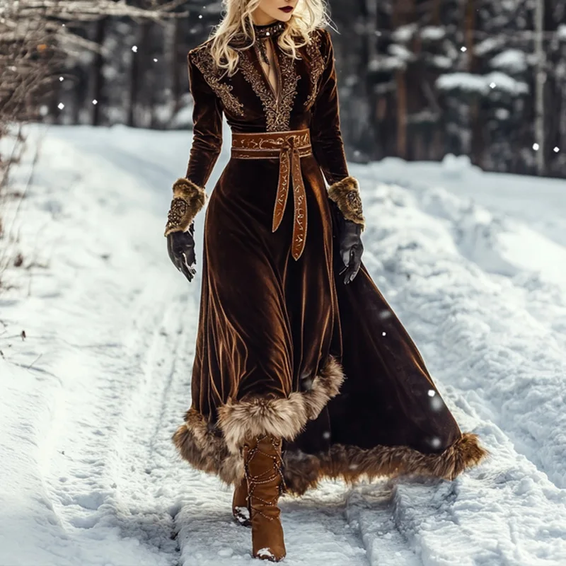 Faux Pelz Kragen Gürtel Taille Cut Out frauen Herbst Winter Neue Elegante Langarm Retro Rundhals Kleid