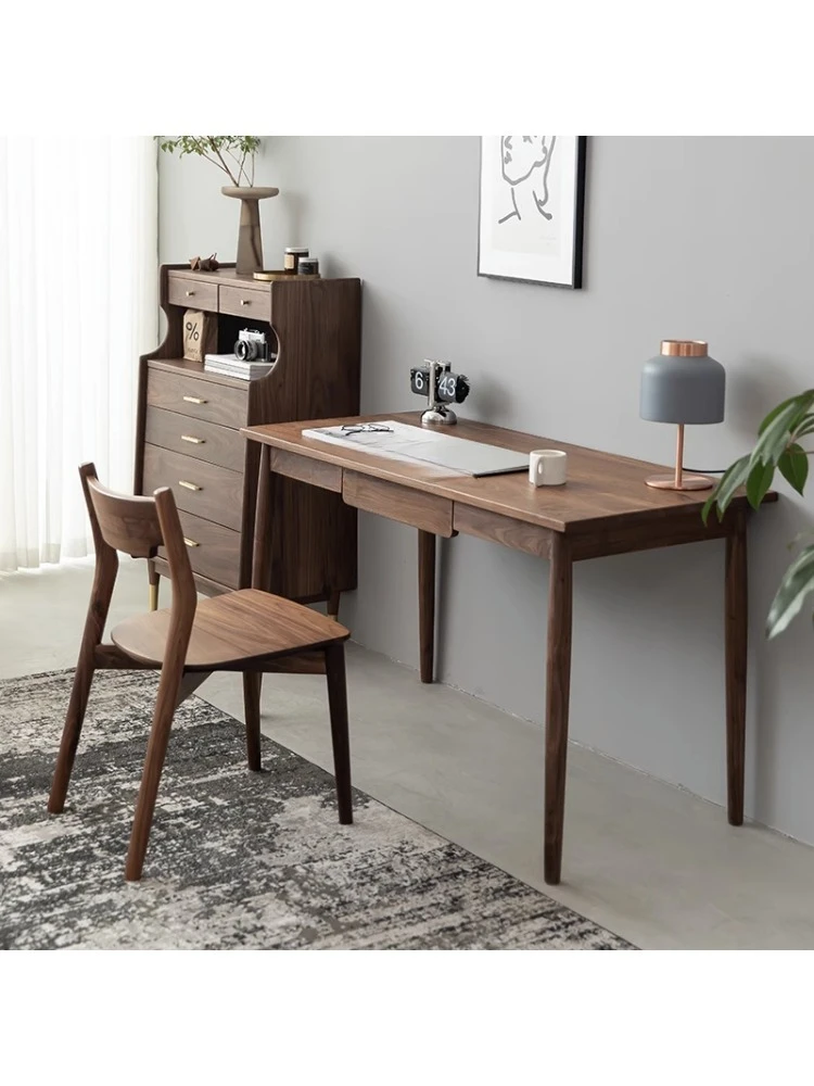 Customized Nordic Solid Wood Black Walnut Wooden Desk Japanese Computer Desk Modern Minimalist Cherrywood Study Writing Desk