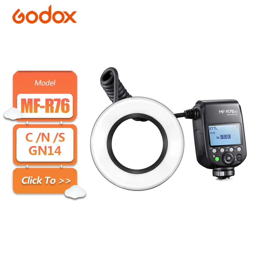 Godox MF-R76C MF-R76N MF-R76S 76Ws GN14 TTL Macro Ring Flash for Canon Nikon Sony Macro Photography with 0.1s Recycling Time