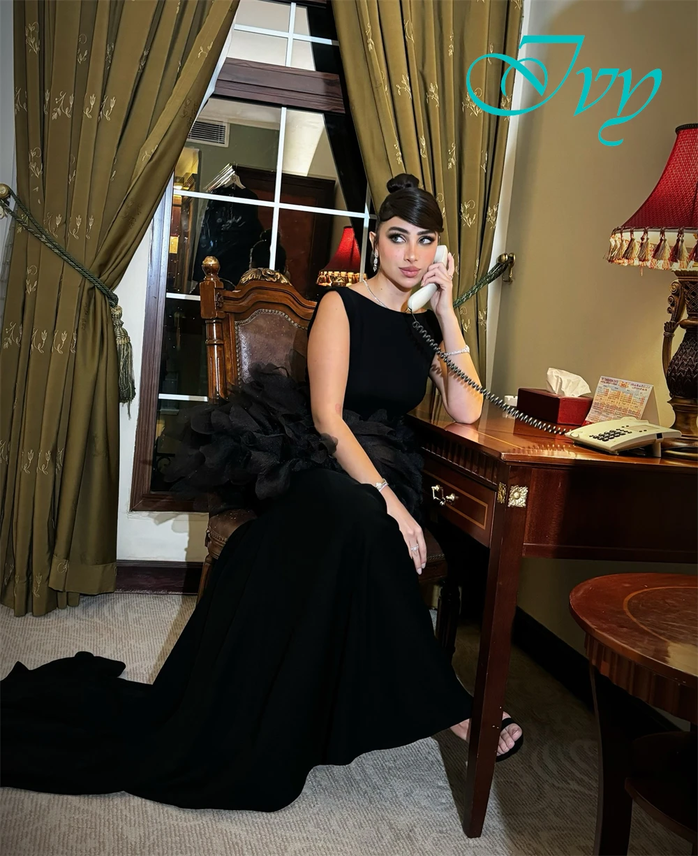 

Customized Elegant Jersey O-Neck Evening Dress Simple Mermaid Sleeveless Prom Dresses Luxury Sweep Train Special Occasion Gowns