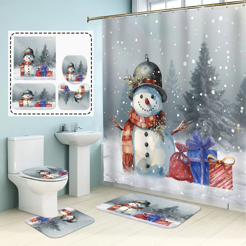 Christmas & Winter Wonderland 4pcs Shower Curtain Set with Hooks - Includes Non-Slip Bath Mat, U-Shaped Rug, and Toilet Lid Cove