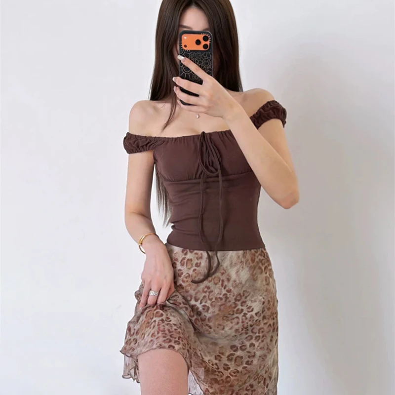 Women Off Shoulder Drawstring T-Shirt, Summer Slim Fit Figure Flattering Crop Top