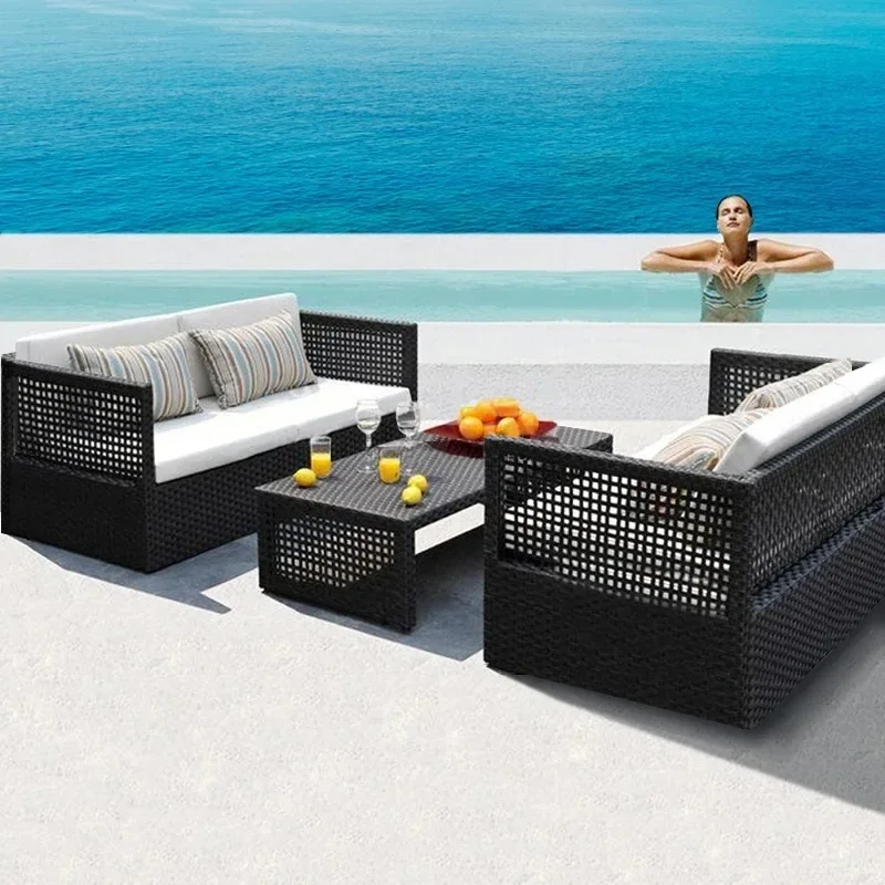 Outdoor leisure rattan woven sofa combination: outdoor courtyard rattan sofa, sunroom rattan chair