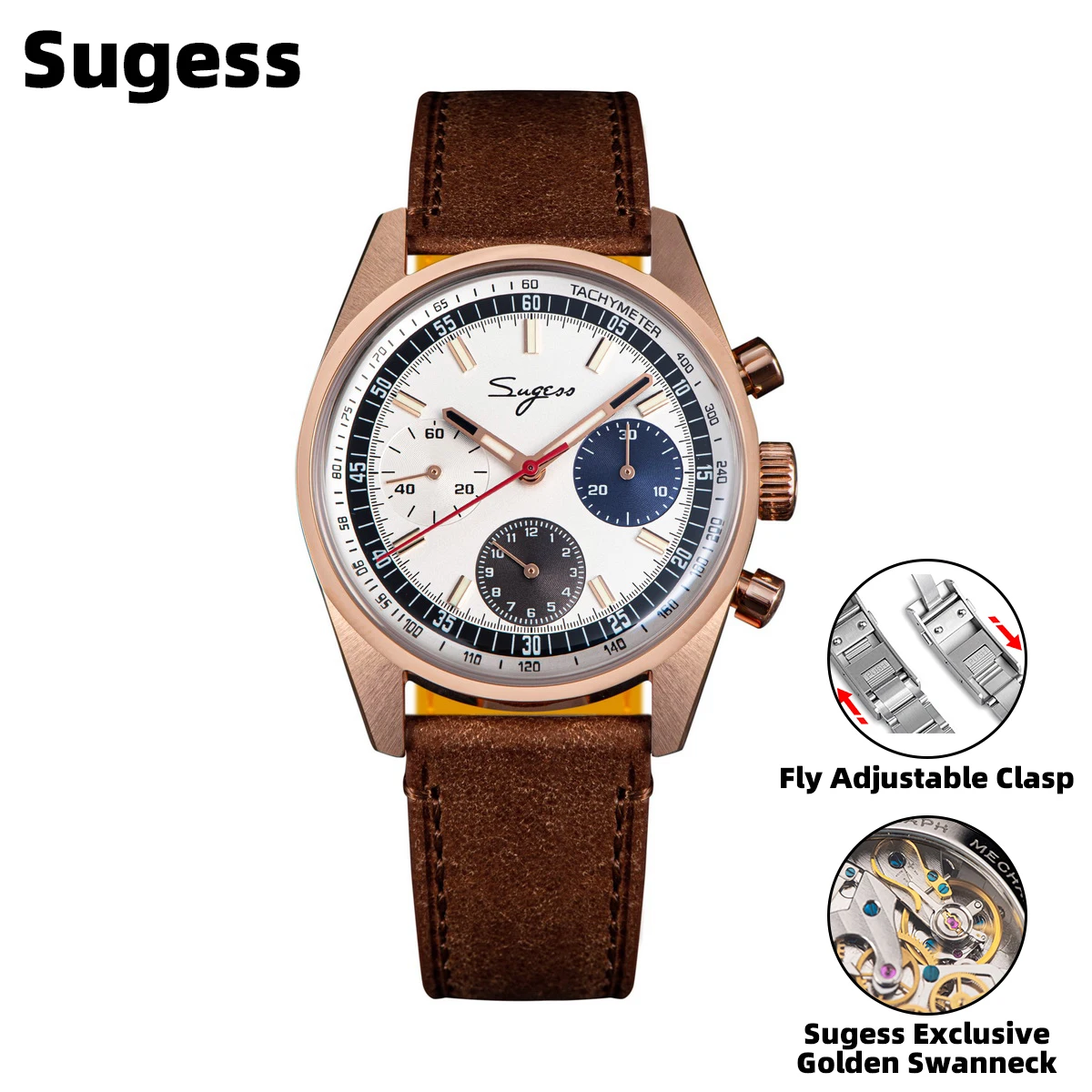 Sugess 38mm Chronograph Mens Watch Master S442 Series Swanneck Movement Mechanical Wristwatches Domed Sapphire Crystal 1963 New