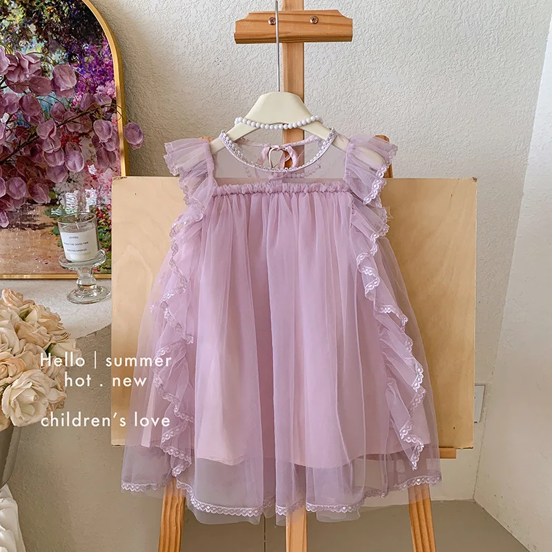 2026 New Korean Version Girls' Solid Color Purple Dress, Baby Little Girls' Sleeveless Mesh Lace Dress