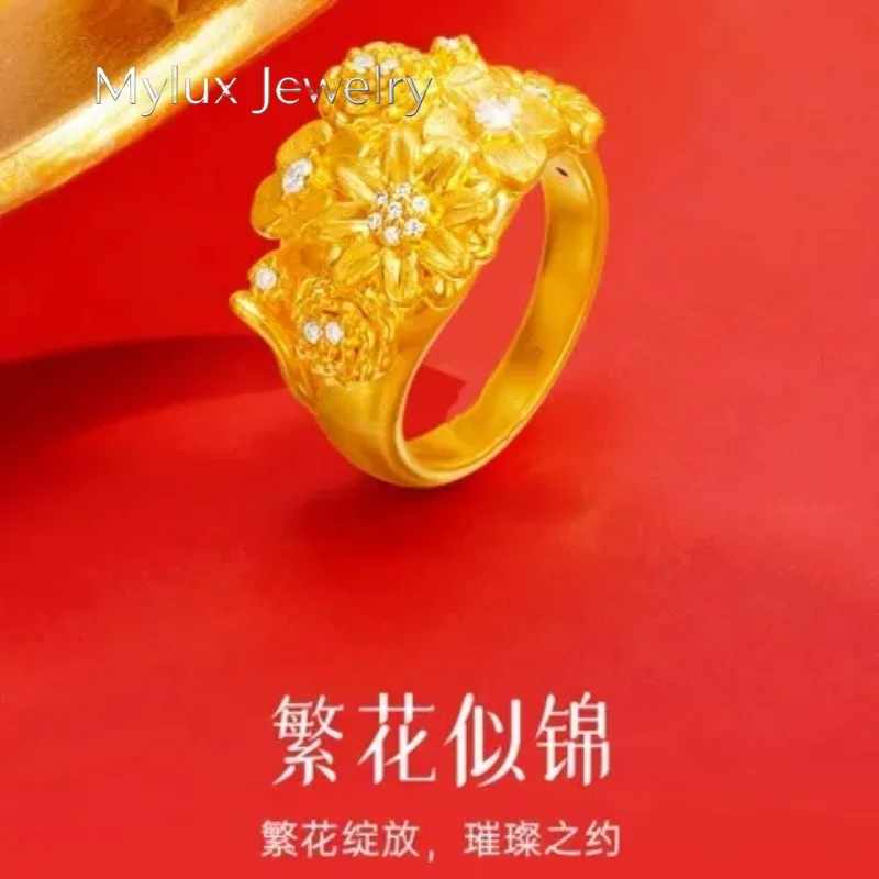 Mylux Jewelry Women's 24K Gold (AU999) Adjustable Zircon Ring | Solid gold 3D band, chiseled vine patterns with faceted zircon