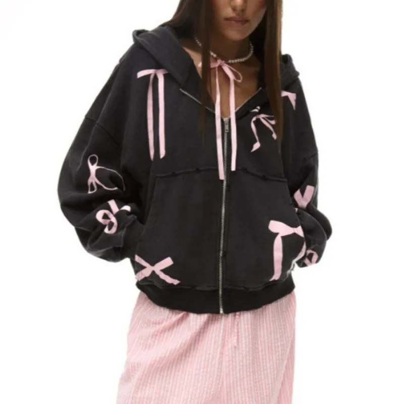 

Bowknot Print Zipper Hoodie Loose Cardigan Women Fashion Retro Cute INS Style Black Large Pocket Design Streetwear Hooded Jacket