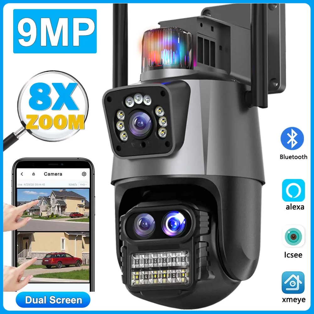 

9mp Wifi Ip Camera Outdoor 4k 8mp Security Cam Three Lens 8x Zoom Video Surveillance Dome Ai Tracking Dual Lens Cctv Icsee Cam