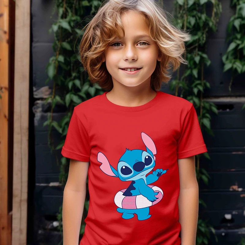 

Stitch printed kids T-shirt red casual tops summer children's cotton short sleeves suitable for boys and girls