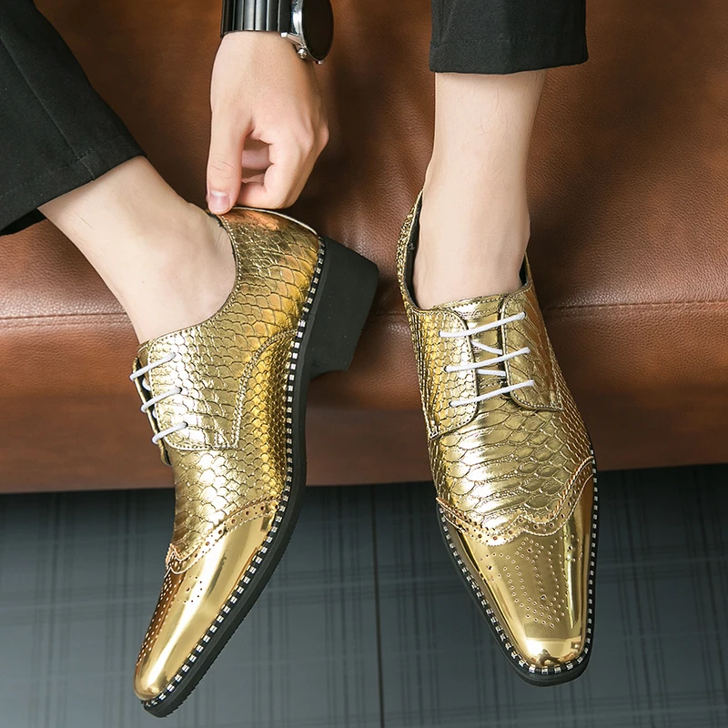 Bright Gold Leather Shoes for Men Oversized Business Dress, Banquet Pointed Leather Shoes